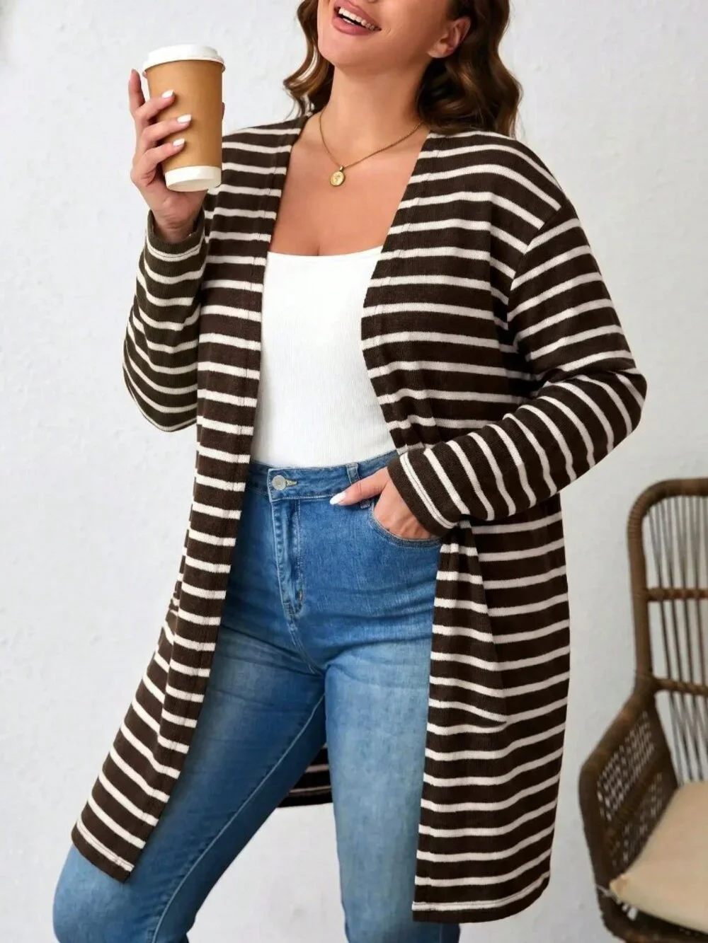 Brown Casual Women's Plus Size Striped Rib-Knit V Neck Drop Shoulder Coat